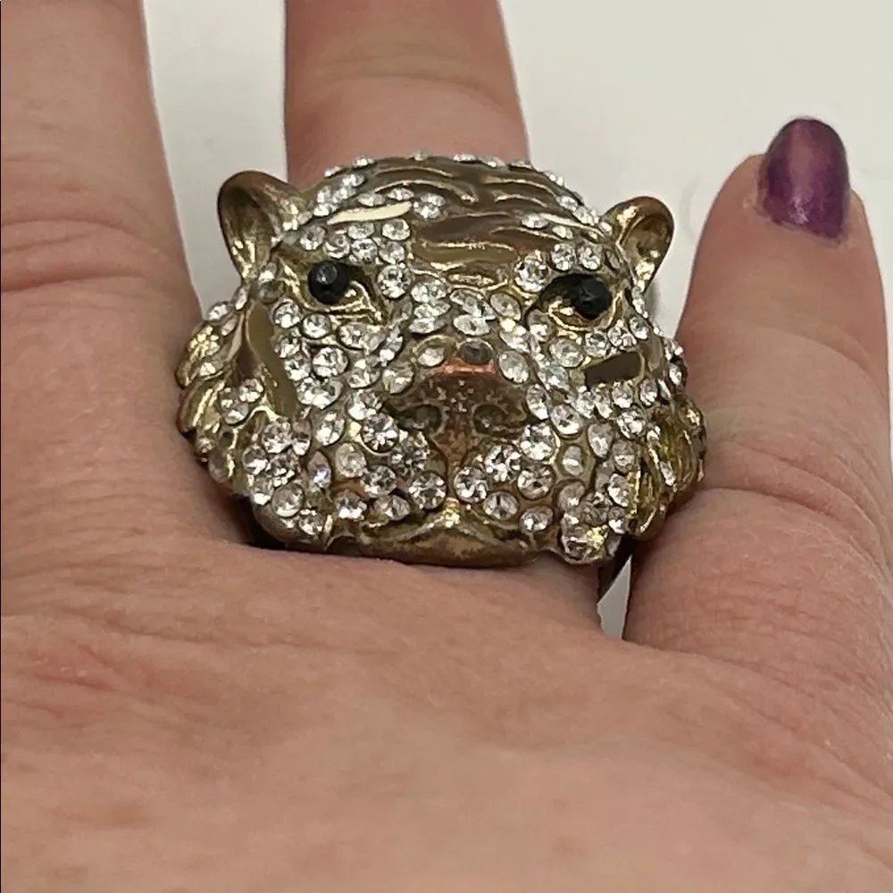 Tiger Cocktail Ring statement rhinestone brass enamel - size 7